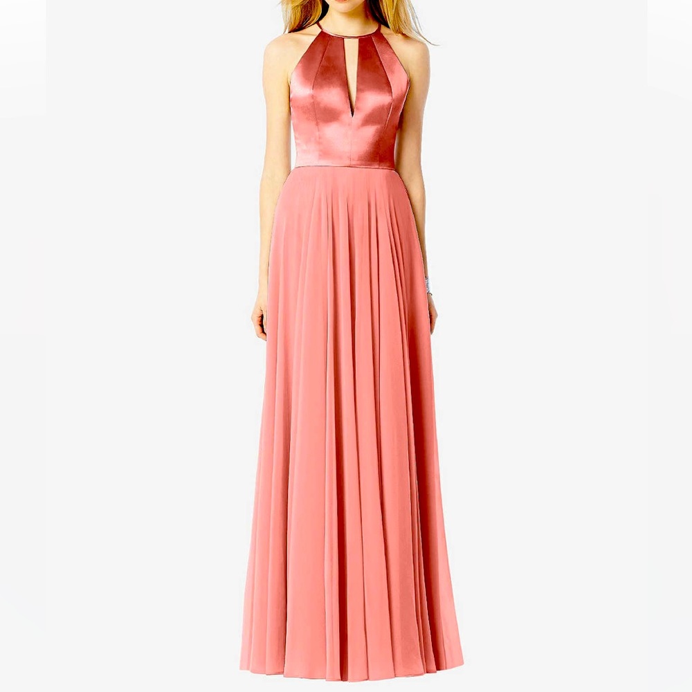 Dessy Group Satin and chiffon high neck bridesmaids dress - Coral